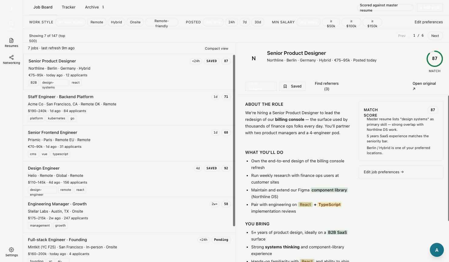 FindsYouJobs scored job board with a 87% match score and AI match reasoning