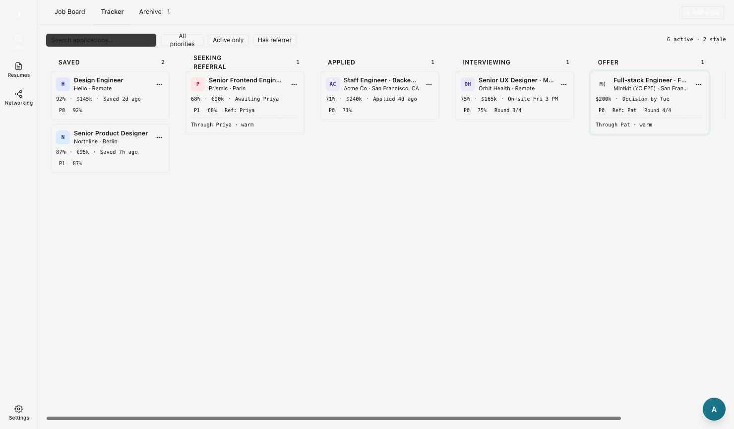 FindsYouJobs kanban application tracker from Saved to Offer