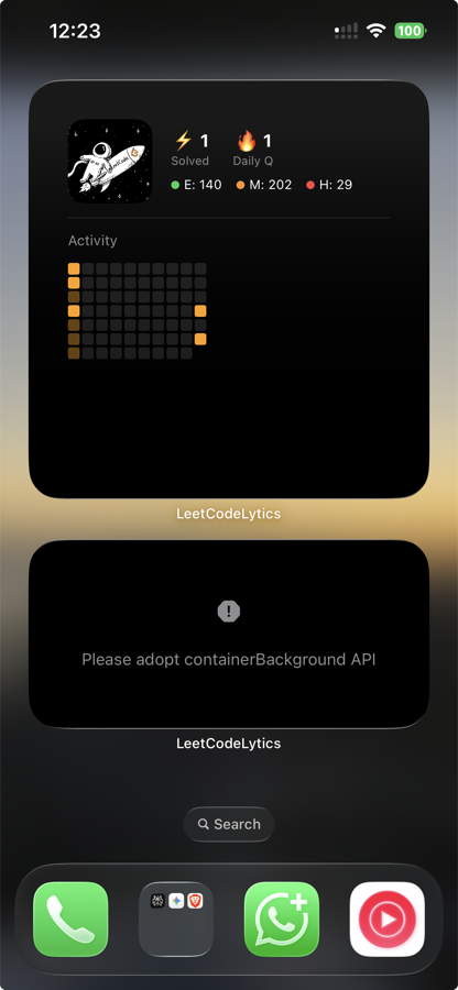 LeetCodeLytics home-screen widget showing solved counts, daily question and activity heatmap